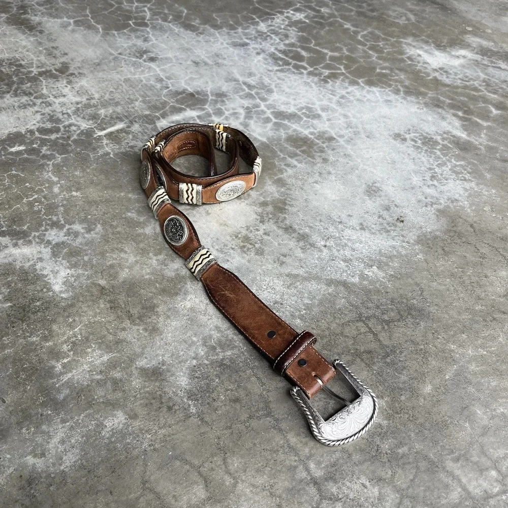 True Vintage Tony Lama Brown Leather Belt Studded Silver Size 44
